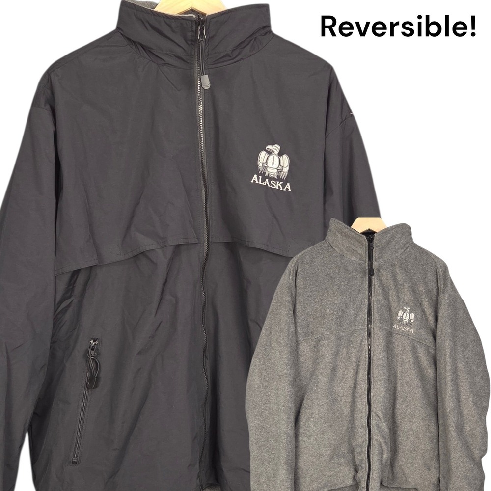 Princess Cruises Alaska Reversible Jacket Mens XL Black Fleece Hooded Zip Nylon